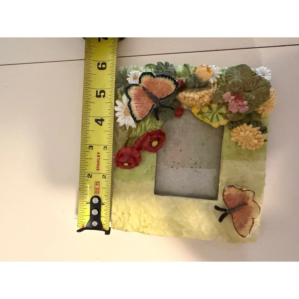 Vintage 3D Butterfly Floral Resin Picture Frame Yellow Green Cottagecore 6x5.25